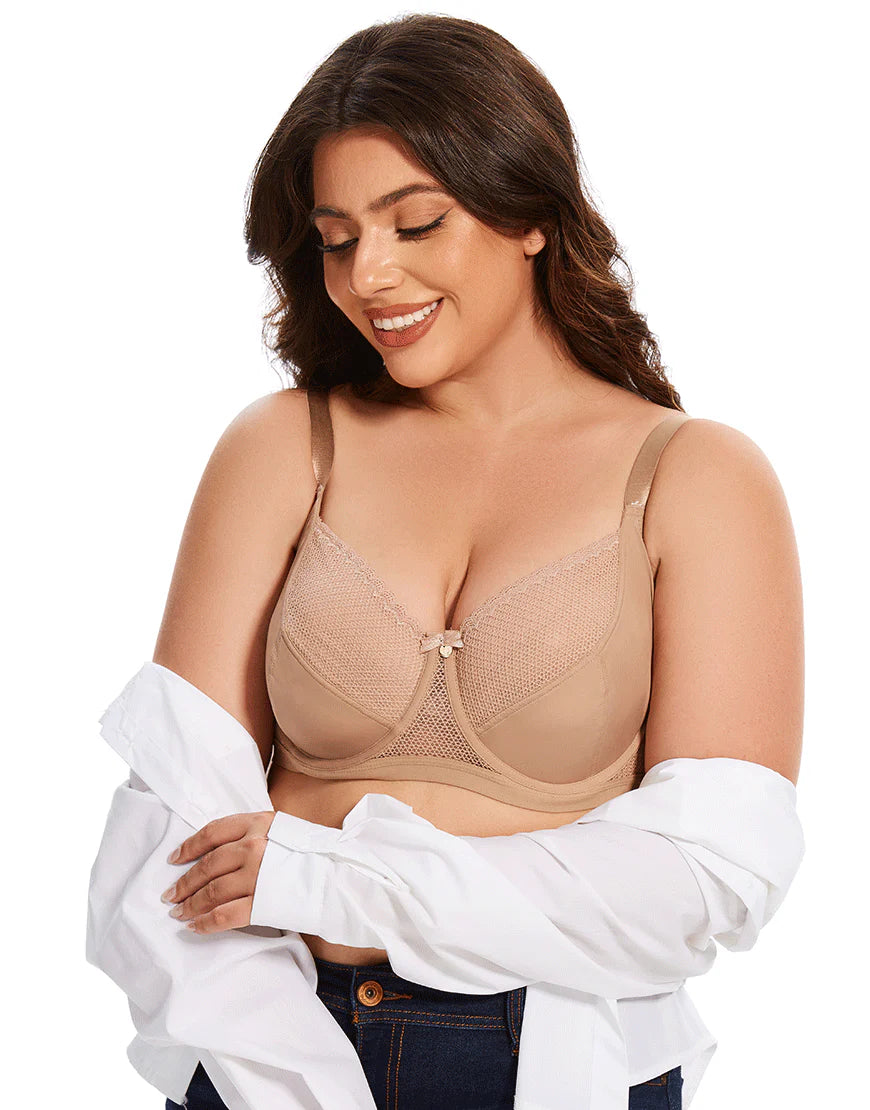 Ladify Curvy Cut & Sew Lace Neckline Double Layered Wired Bra-SKIN