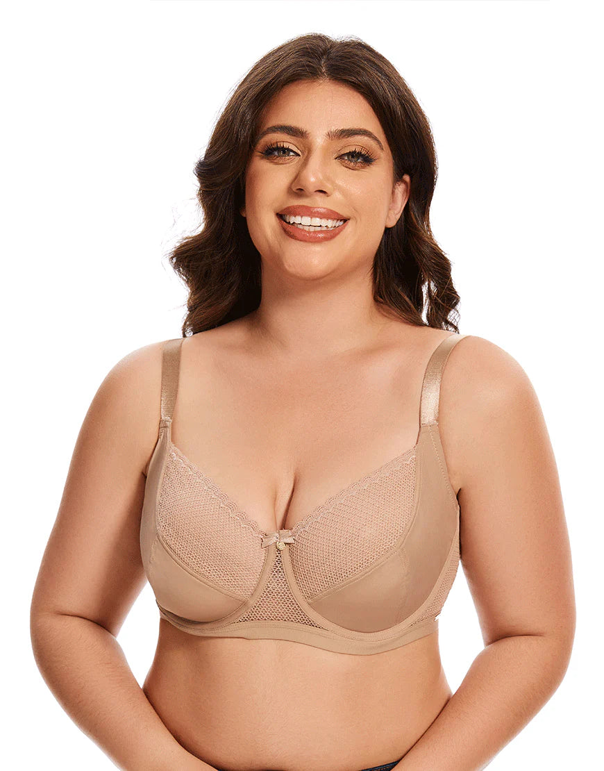 Ladify Curvy Cut & Sew Lace Neckline Double Layered Wired Bra-SKIN