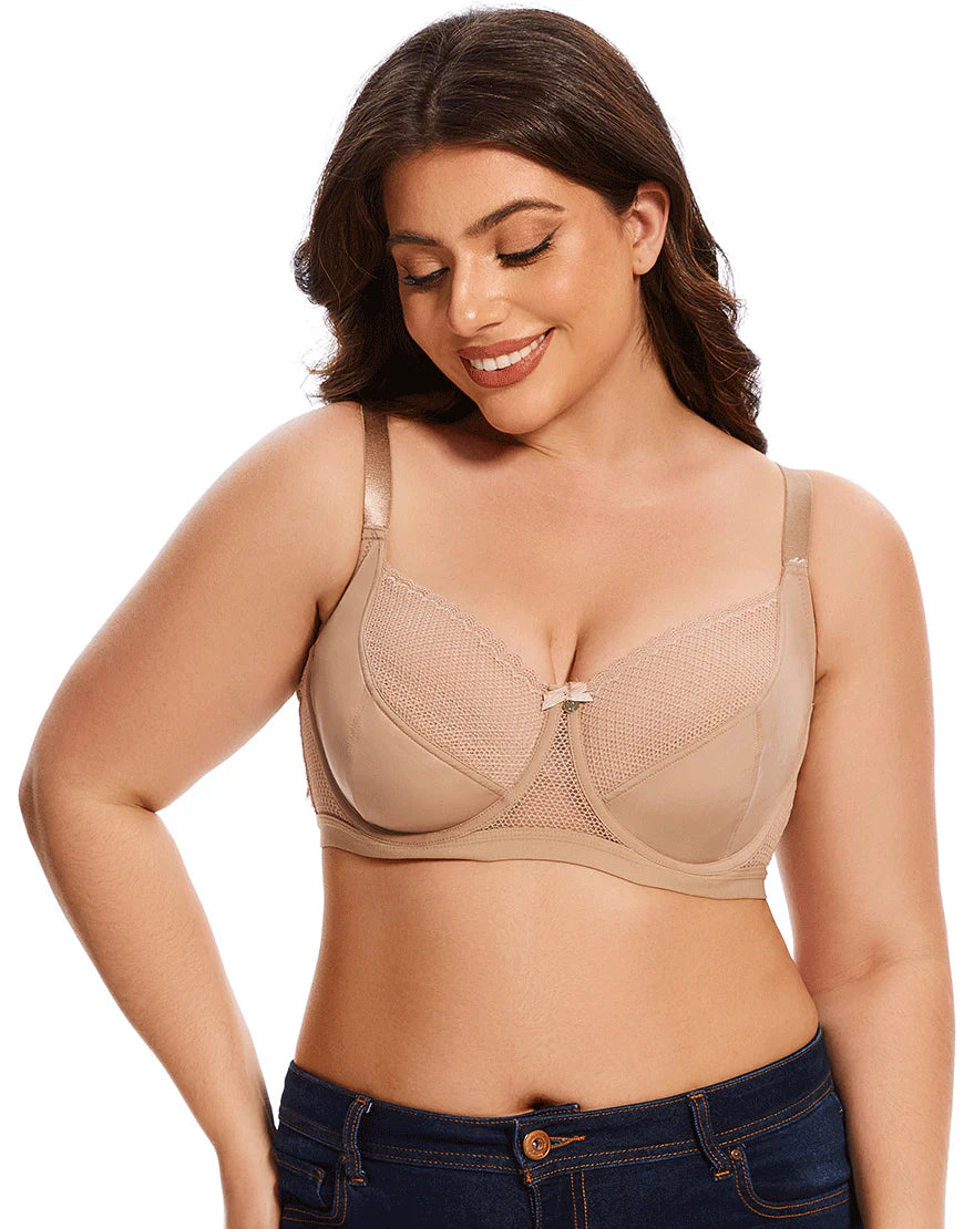 Ladify Curvy Cut & Sew Lace Neckline Double Layered Wired Bra-SKIN