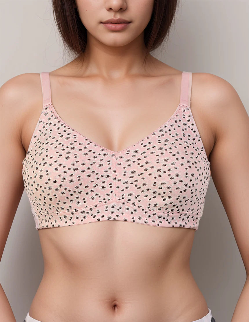 LADIFY COTTON DOUBLE LAYERED MID HIGH PANEL NON WIRED PRINTED BRA -CANDY FLORAL PRINT