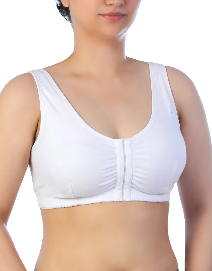 LADIFY COTTON FRONT OPEN SLIP ON POST SURGICAL BRA WITH POCKETS-WHITE