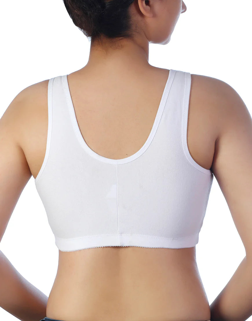 LADIFY COTTON FRONT OPEN SLIP ON POST SURGICAL BRA WITH POCKETS-WHITE