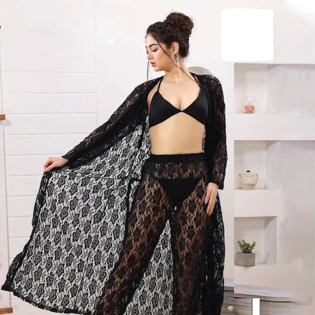 Luxury 4-Piece Lace Nightwear Set – Elegant Transparent Sleepwear for Women