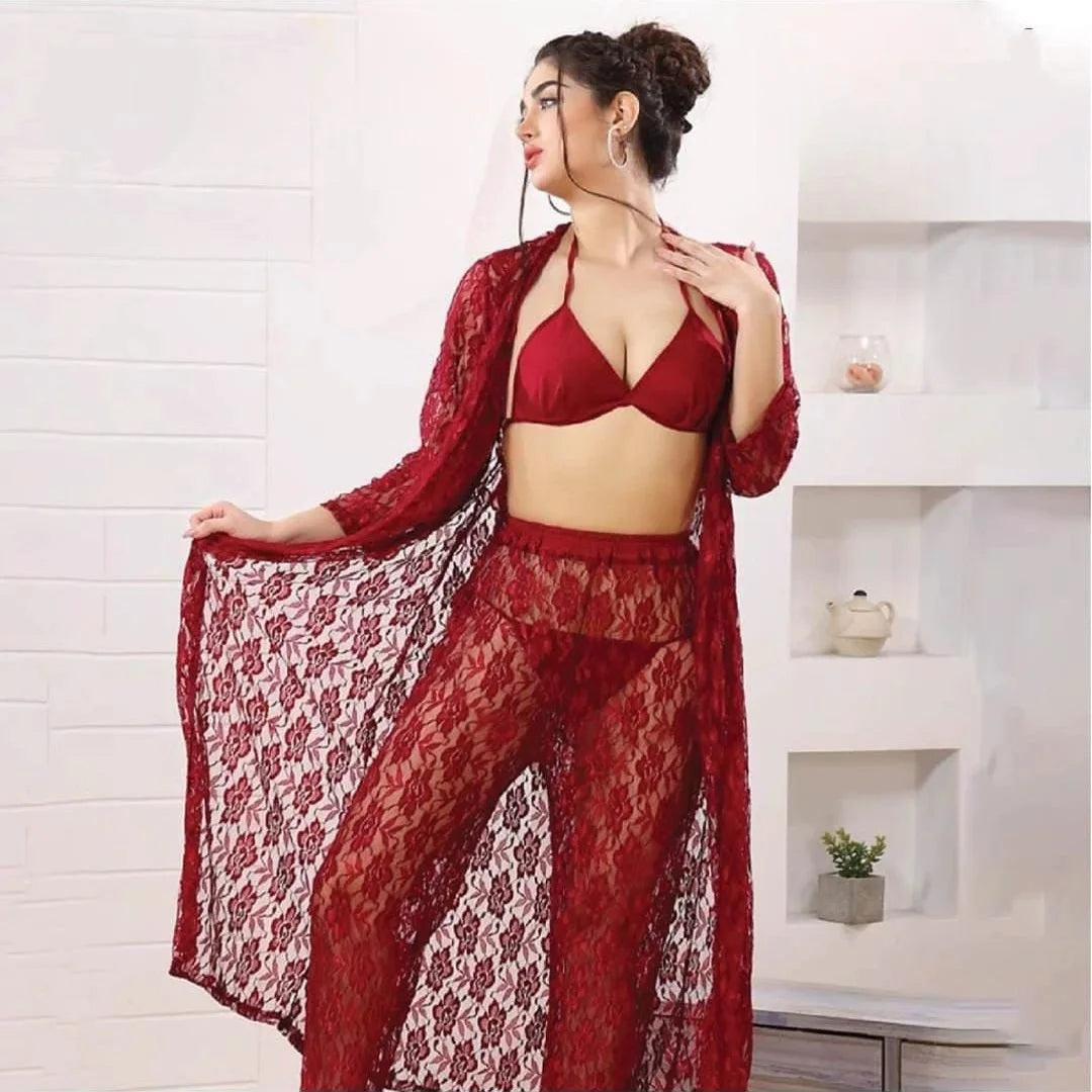 Luxury 4-Piece Lace Nightwear Set – Elegant Transparent Sleepwear for Women