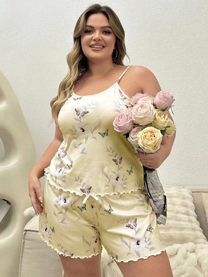 Plus Size Flower, Butterfly Print Cami Pajama Set