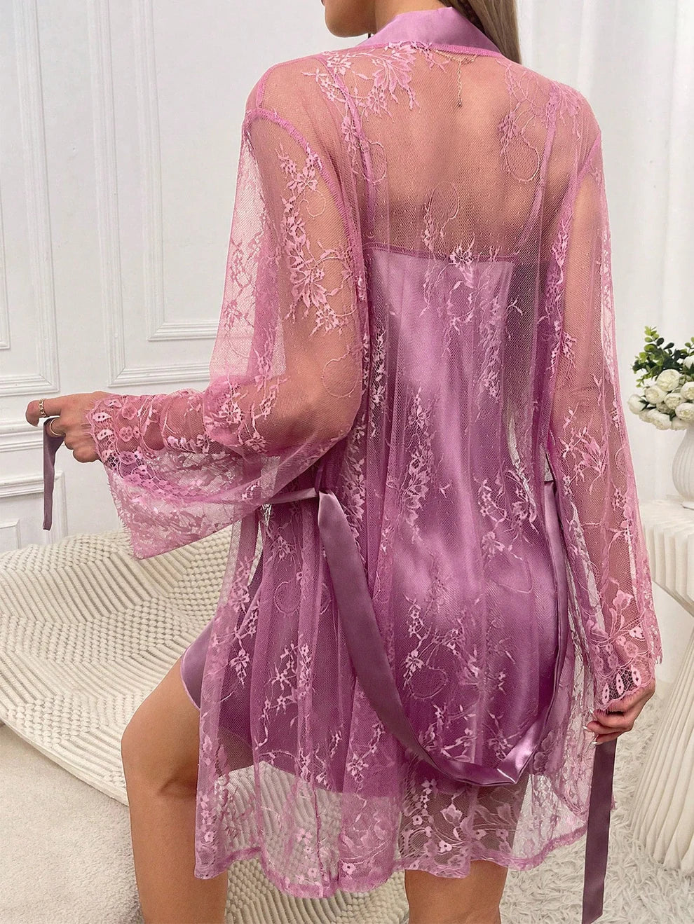 Satin Cami Nightdress & Contrast Lace Robe PJ Set