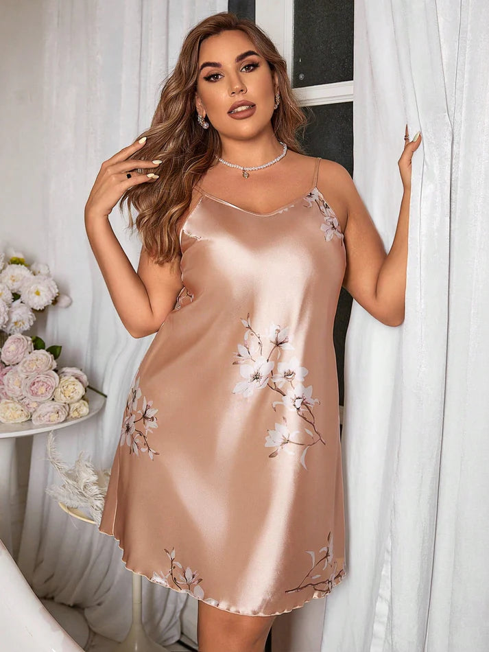 Shein LuxeNights Plus Size Floral Print Spaghetti Strap Pajama Night Dress For Summer